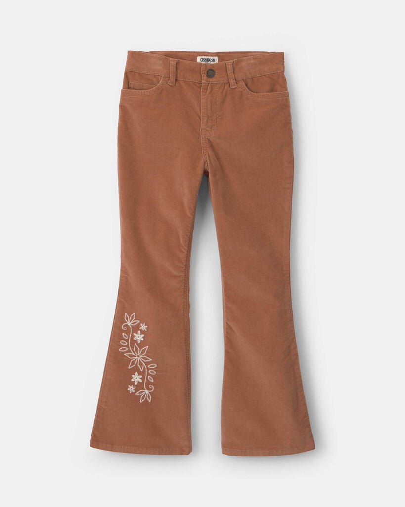 OshKosh B'gosh Girls Floral Embroidered Corduroy Flare Pants 10 Brown