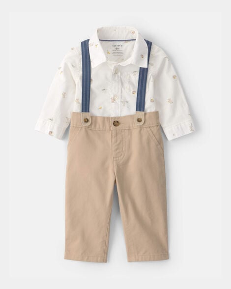 baby boy 2-piece easter bunny bodysuit & suspender pant set - cream/khaki