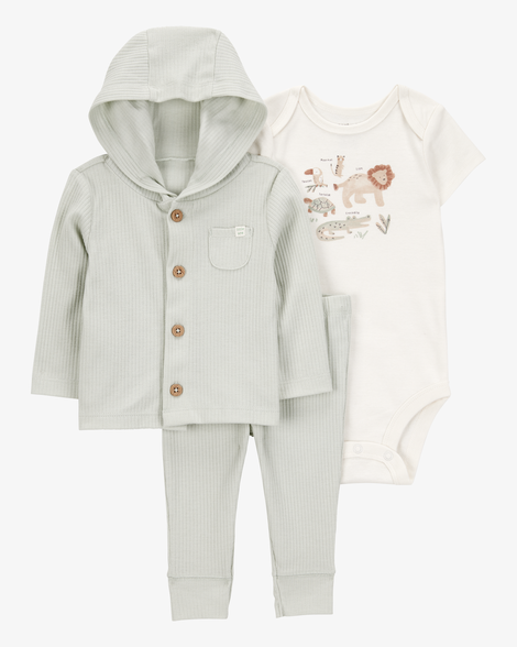 baby lion 3-piece cardigan set - green/white