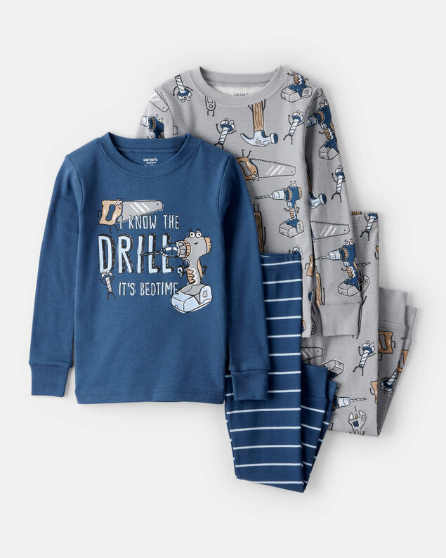 Product image 1 of Toddler Boy Construction Print 100% Cotton Long-Sleeve Snug Fit 4-Piece Pajamas - Blue/Grey
