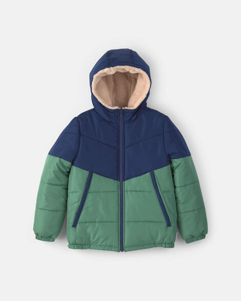 boys color block hooded heavyweight quilted winter jacket - blue/green
