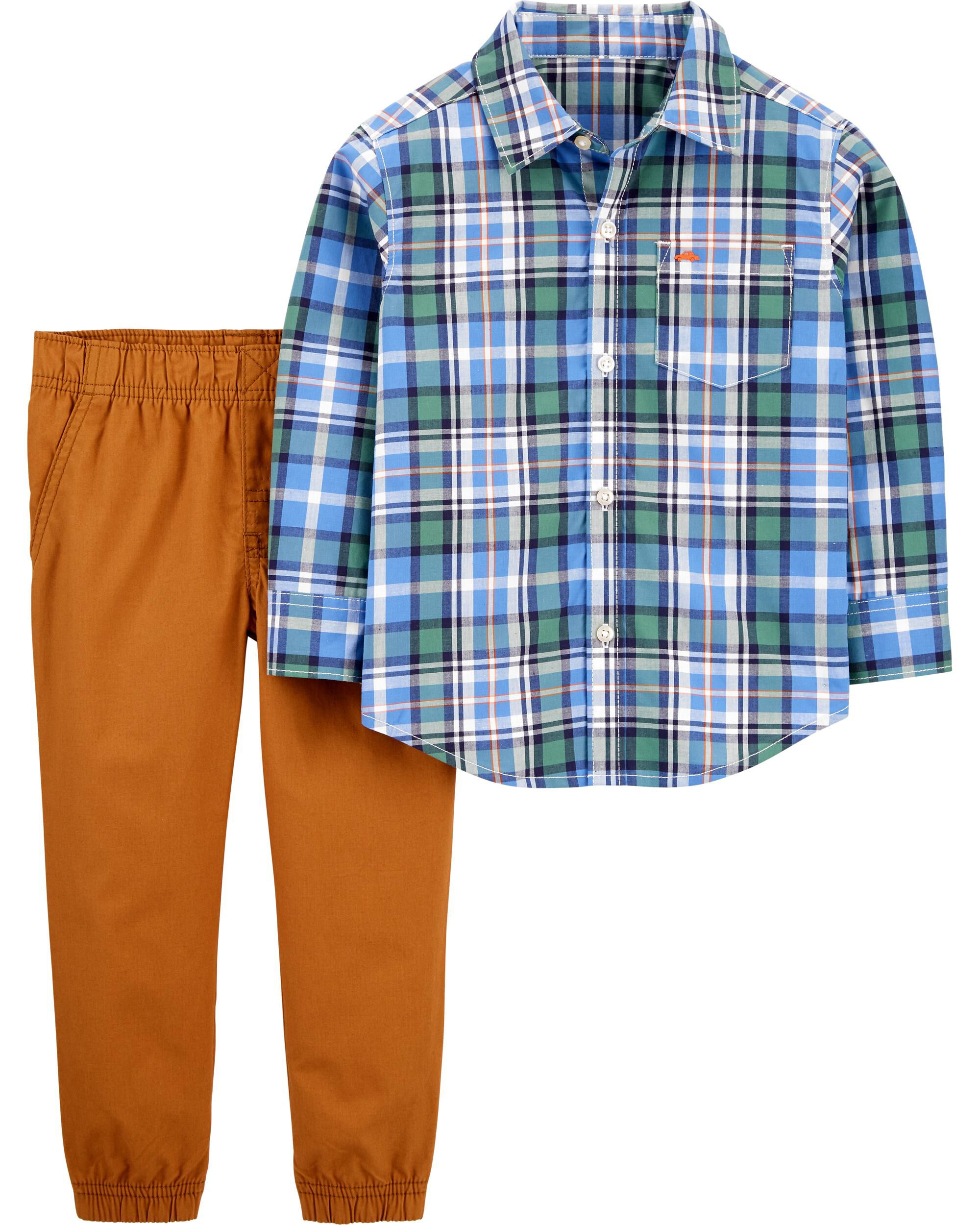 *CLEARANCE* 2-Piece Plaid Button-Front Shirt & Pant Set