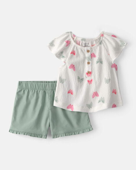 baby girl 2-piece butterfly top & short set - green/white