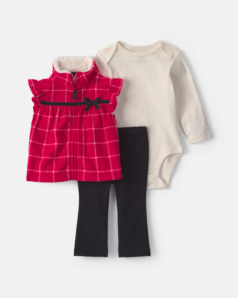 Carter's Baby Girls' Plaid Fleece Vest, Long-Sleeve Bodysuit and Pants, 3-Piece Set - Red/Black/Cream