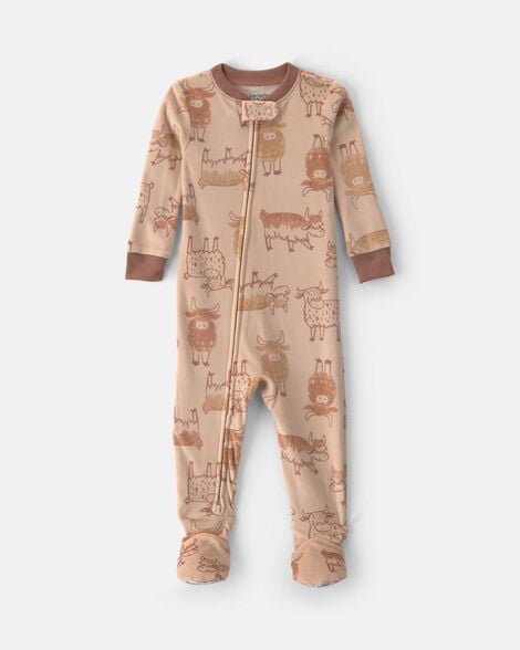 baby boy 1-piece cow 2-way zip dreamplush snug fit footed pajama - brown