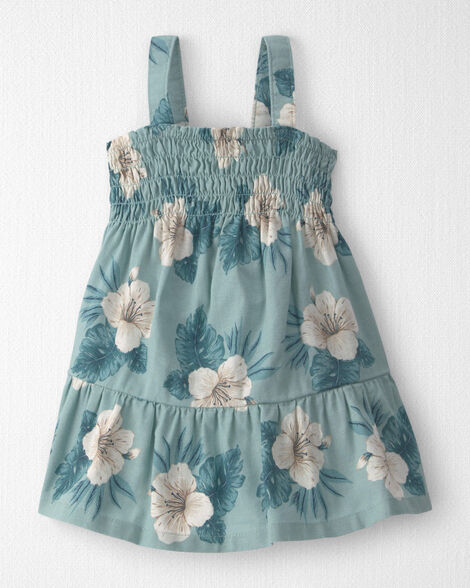 Baby Girl Smocked Linen Dress Made with Organic Cotton in Blue Hibiscus