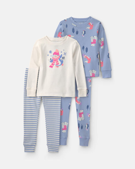 toddler girl penguin winter cotton snug fit 4-piece pajama set - purple/white