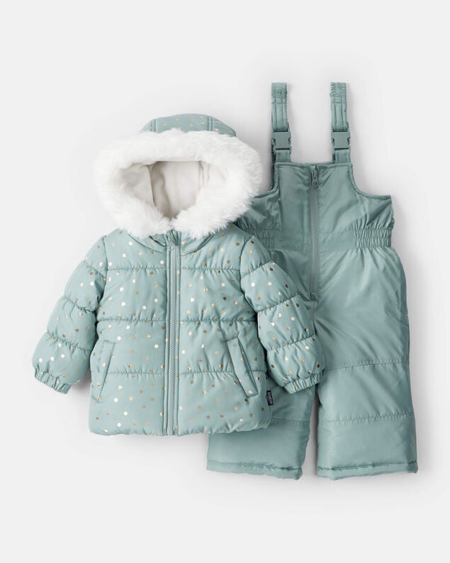 Product image 1 of Baby Girl 2-Piece Polka Dot Hooded Snowsuit Jacket & Bib Set - Green