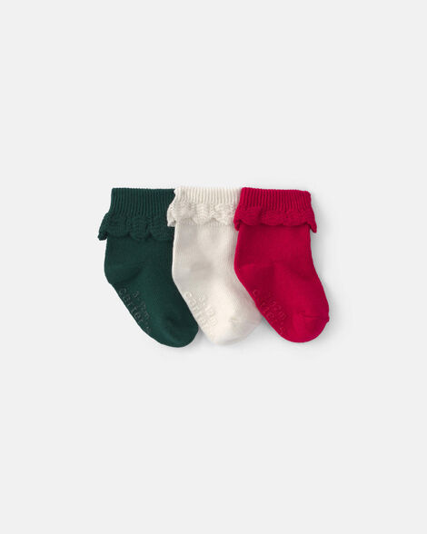 baby girl 3-pack christmas foldover ruffle bootie - green/cream/red