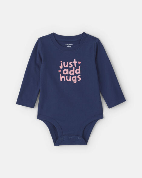 baby girl 'just add hugs' long-sleeve graphic bodysuit - navy blue