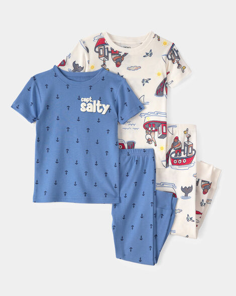 toddler boy anchor 100% cotton snug fit 4-piece pajama set - blue/cream
