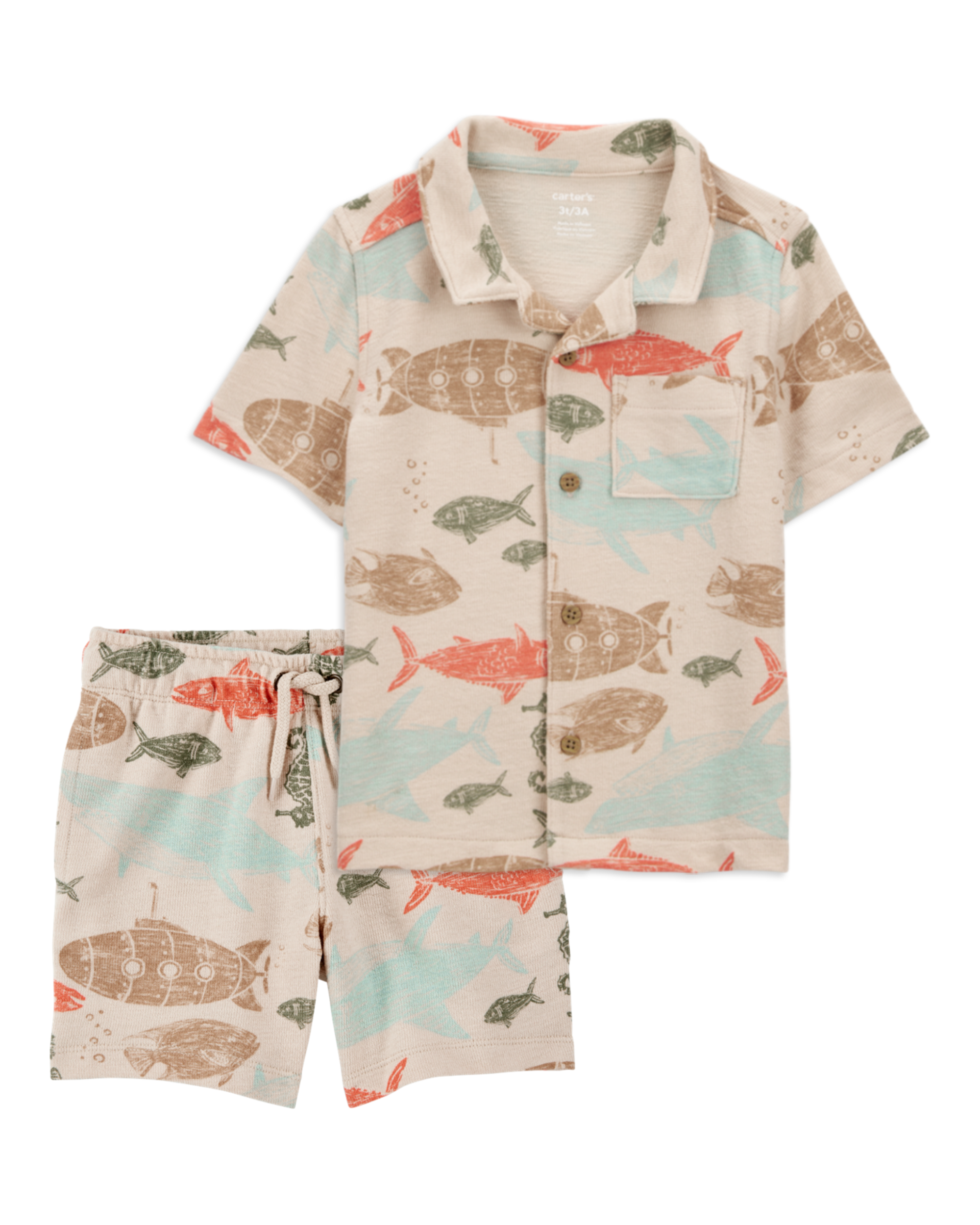 Baby 2-Piece Sea Print Button-Down Shirt & Pull-On Shorts Set