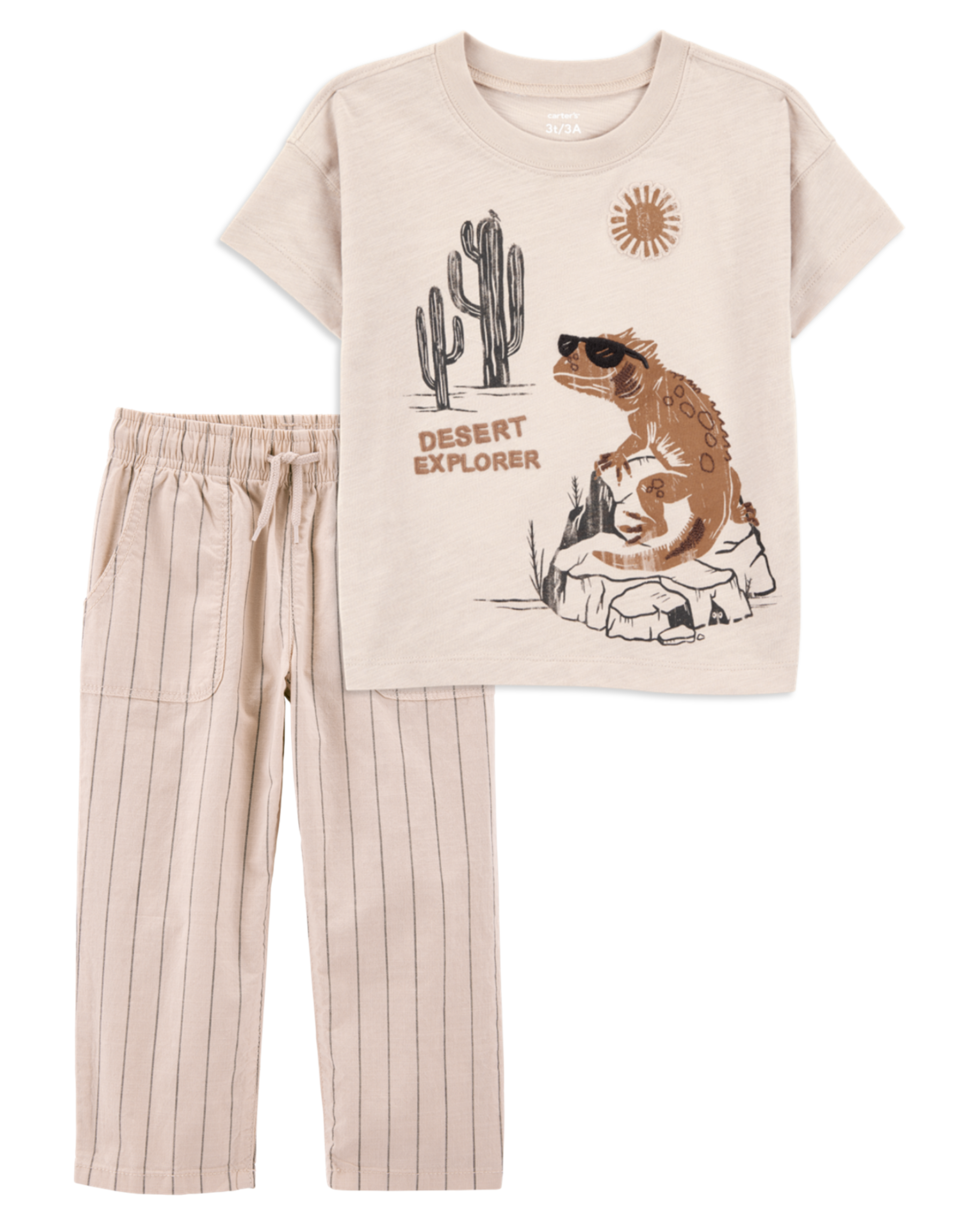 Baby 2-Piece Desert Lizard Graphic Tee & Striped Pants Set - Ivory/Tan