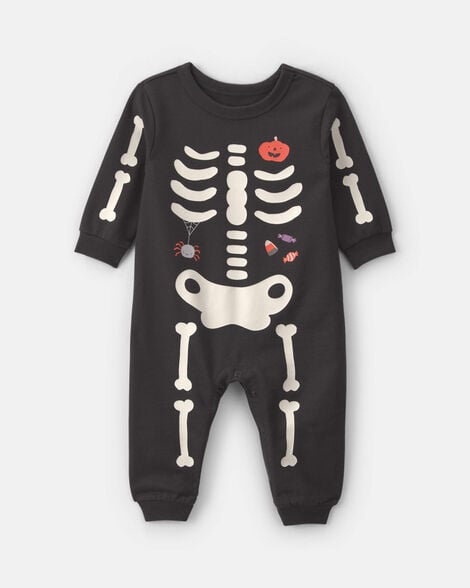baby halloween skeleton french terry long-sleeve jumpsuit - black