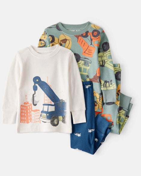 baby boy construction print 100% cotton long-sleeve 4-piece pajamas - blue/white/navy