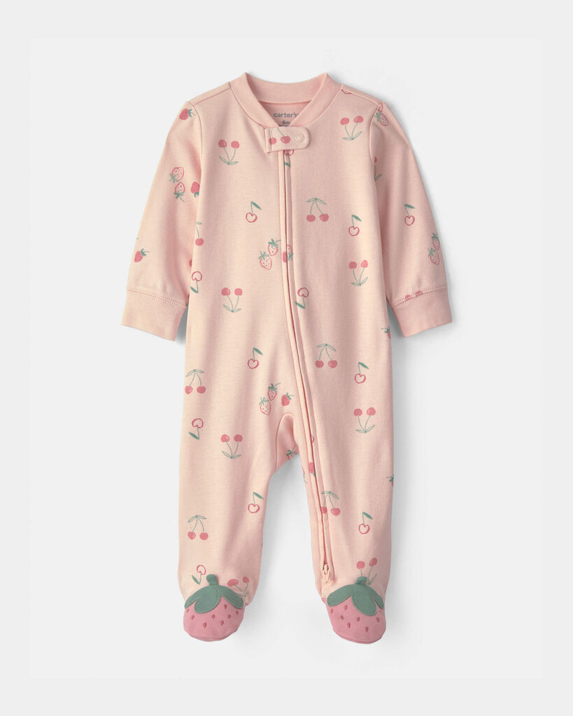 Carter's baby girl strawberry 100% cotton 2-way zip sleep & play pajamas 3M Pink