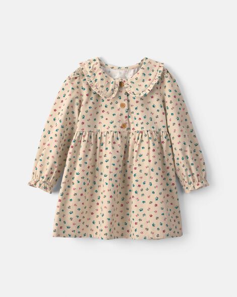 toddler girl floral collared corduroy long-sleeve dress - cream