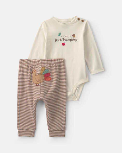 baby 2-piece 'baby's first thanksgiving' top & pant set - brown/cream