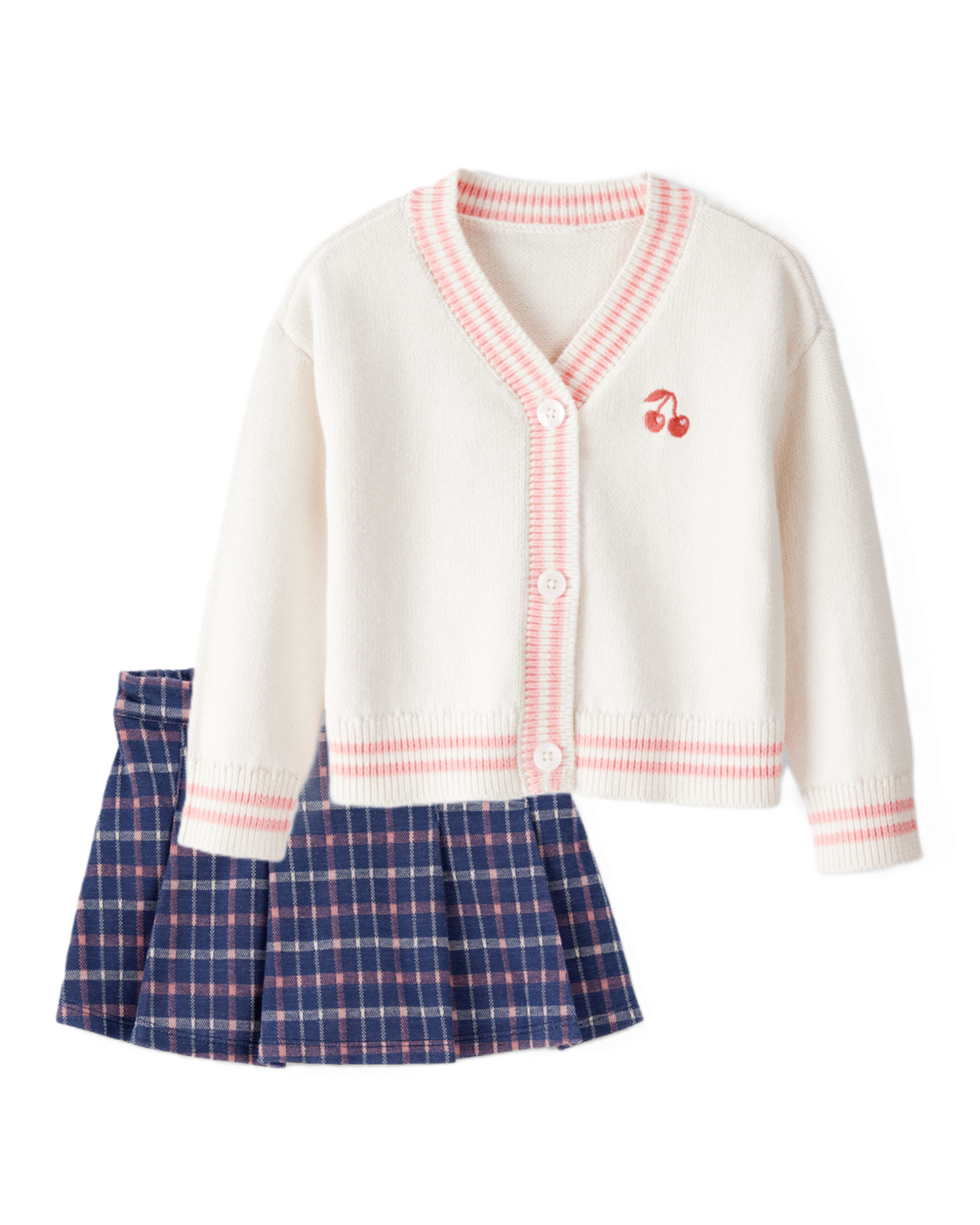 Baby Girl 2-Piece Cherry Long-Sleeve Sweater & Plaid Knit Skort Set - Ivory/Navy