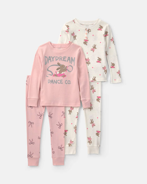 toddler girl ballerina bunny cotton snug fit 4-piece pajama set - pink/white