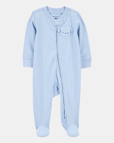 baby boy dog pocket 2-way zip ribbed sleep & play pajamas - blue