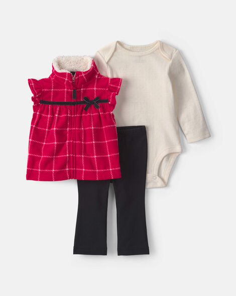 baby girl 3-piece plaid fleece layering set - red/black/cream