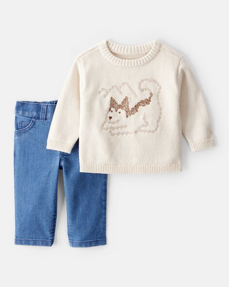 baby boy 2-piece dog sweater & pant set - cream