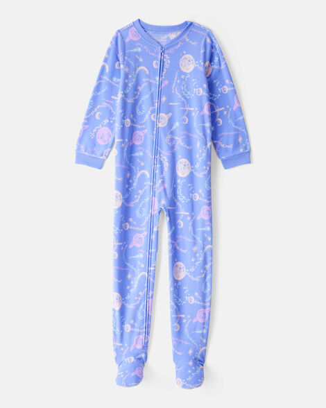 girls space print loose fit long-sleeve zip-up 1-piece pajamas - blue