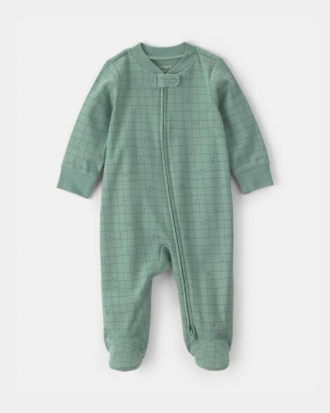 baby boy dinosaur 100% cotton 2-way zip sleep & play pajamas - green