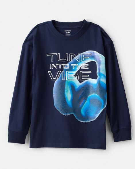 boys head phones long-sleeve graphic tee - blue