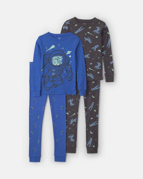 boys 4-piece astronaut glow in the dark 100% cotton snug fit pajama set - blue