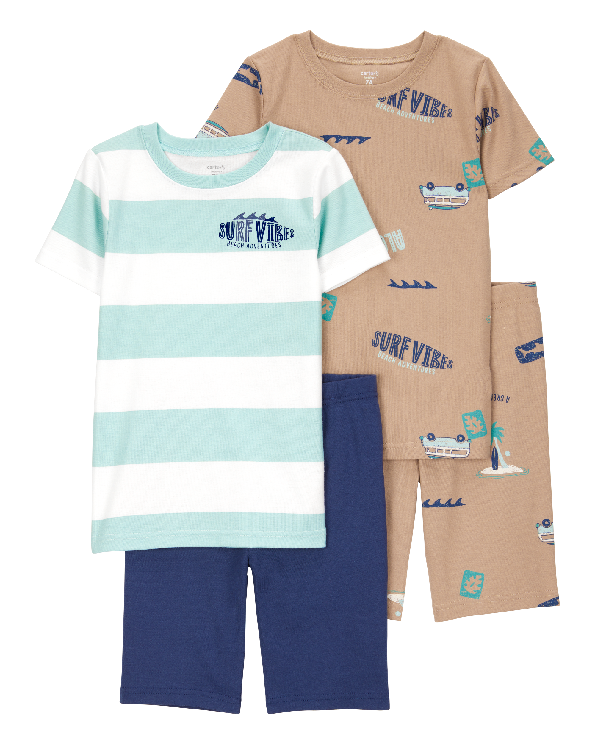 Kid Surfing Print Snug Fit Cotton 4-Piece Pajamas