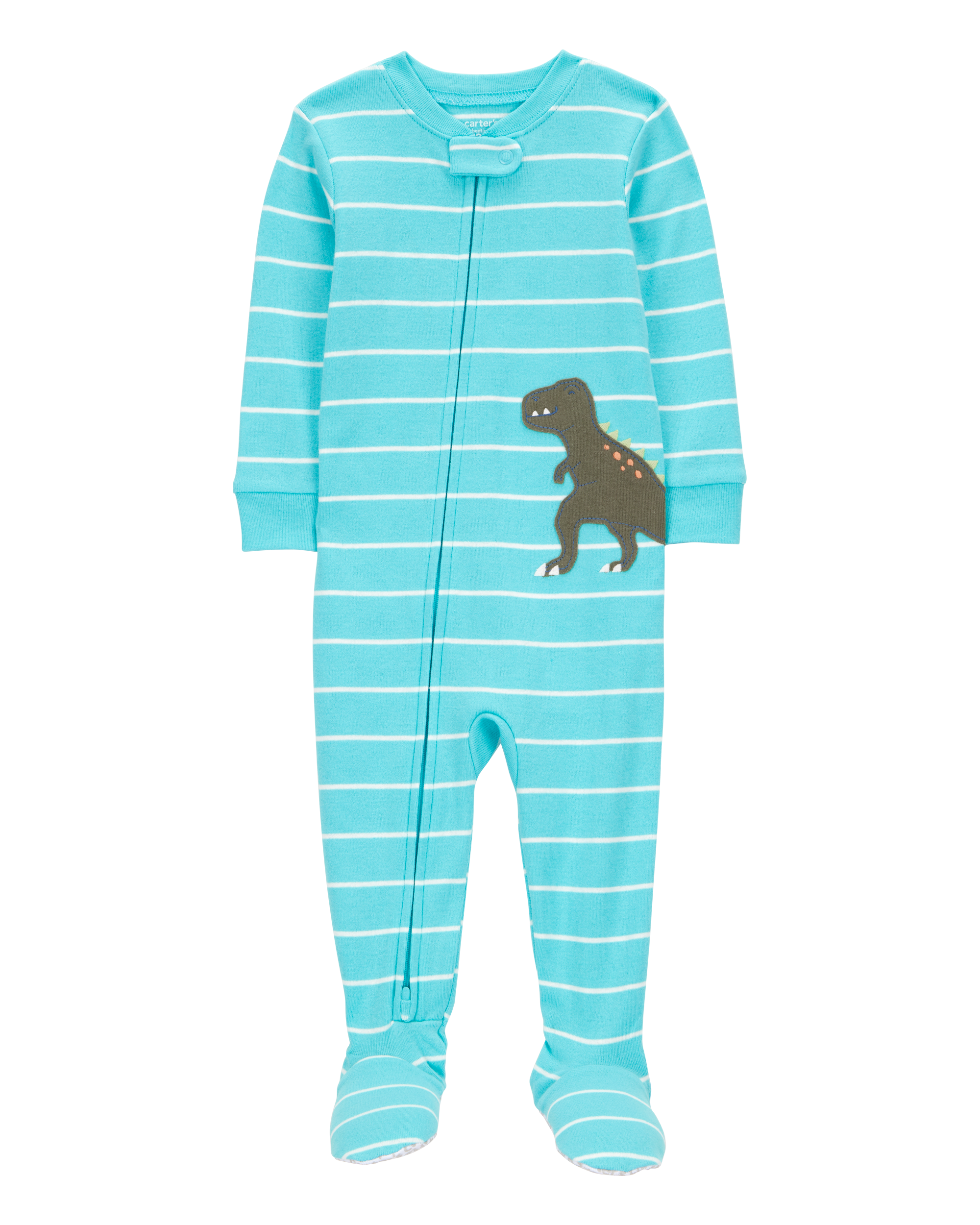 Baby Boy 1-Piece Striped Dinosaur Print 100% Snug Fit Cotton Footie Pajamas - Turquoise