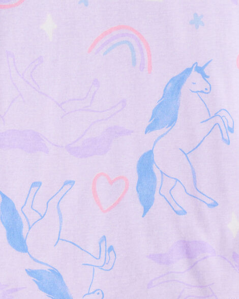Girls Unicorn Print 100% Cotton Long-Sleeve 4-Piece Pajamas - Purple