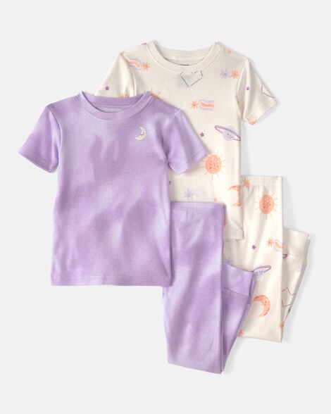 toddler girl space constellation tie-dye 100% cotton snug fit 4-piece pajama set - purple
