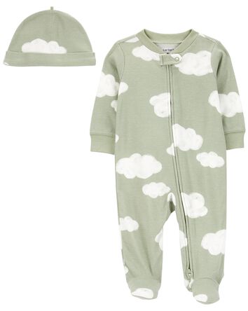 Baby 2-Piece Cloud 2-Way Zip Sleep & Play Pajamas & Cap Set