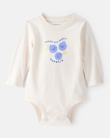 baby girl cotton long-sleeve graphic bodysuit - white