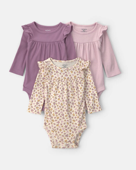 baby girl 3-pack floral long-sleeve multipack bodysuits  - purple