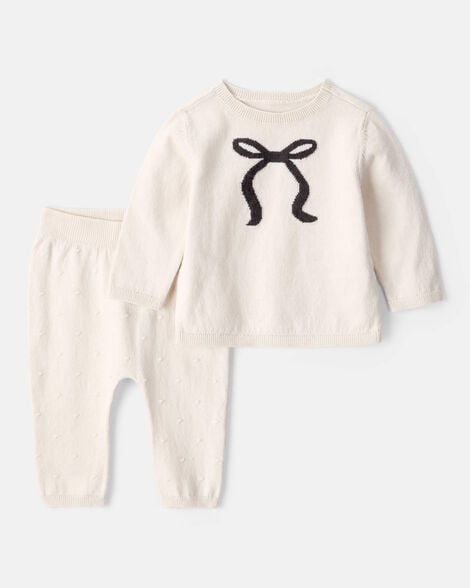 baby girl bow cotton long-sleeve sweater & pant set - ivory