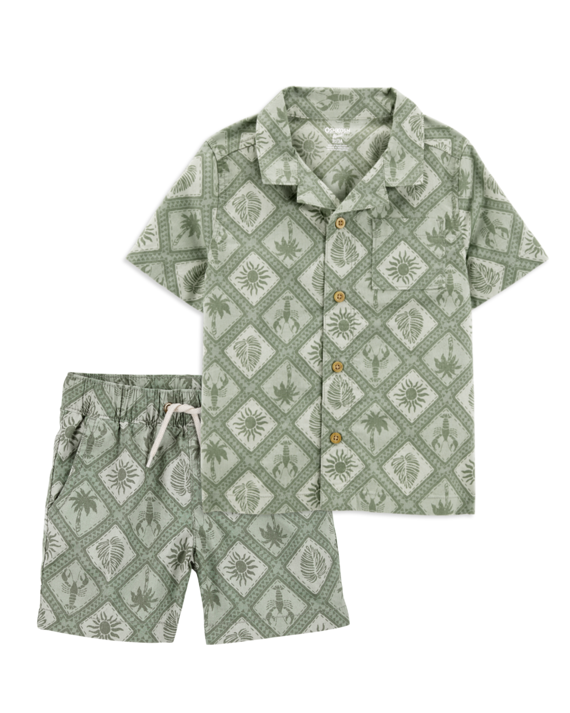 Baby 2-Piece Tile Print Button-Down Shirt & Drawstring Shorts Set - Green