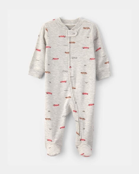 baby boy race car cotton 2-way zip sleep & play pajamas - grey