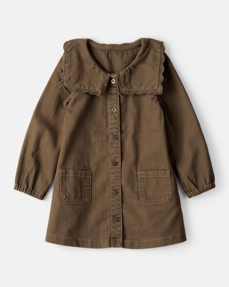 Toddler Girl Scalloped Collar Button-Down Long-Sleeve Dress - Brown