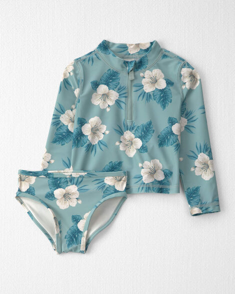 Toddler Girl 2-Piece Recycled Rashguard Swimsuit Set in in Blue Hibiscus