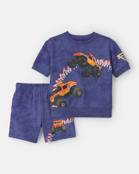 toddler boy 2-piece monster truck french terry top & short set - blue