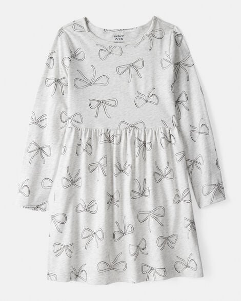 girls bow print long sleeve cotton dress - grey