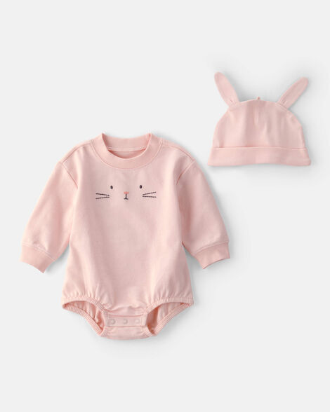 baby girl bunny bubble romper & hat set - pink