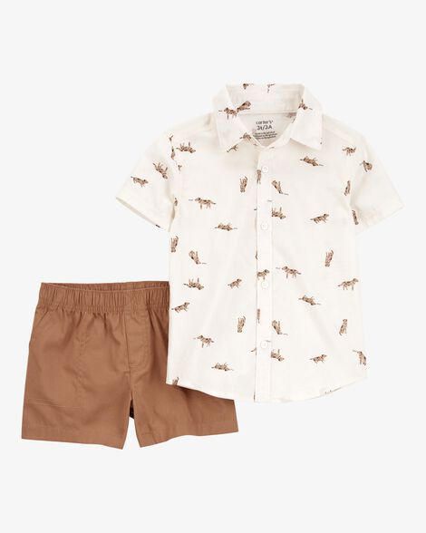  Product image 1 of Toddler 2-Piece Dog Button-Down Shirt Outfit Set - White/Brown