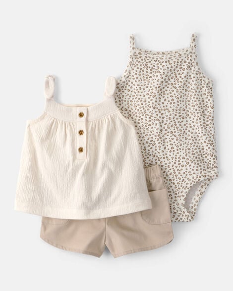 baby girl 3-piece cheetah top, bodysuit & short set - khaki/ivory