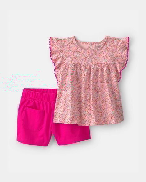 girls 2-piece floral ruffle-sleeve top & short set - pink