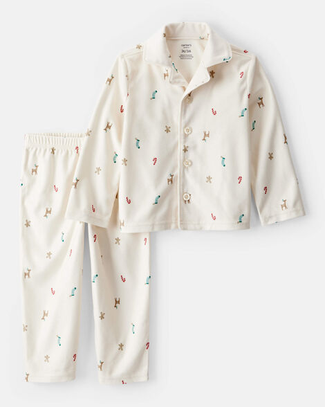 toddler mini christmas fleece long-sleeve loose fit 2-piece pajamas - white